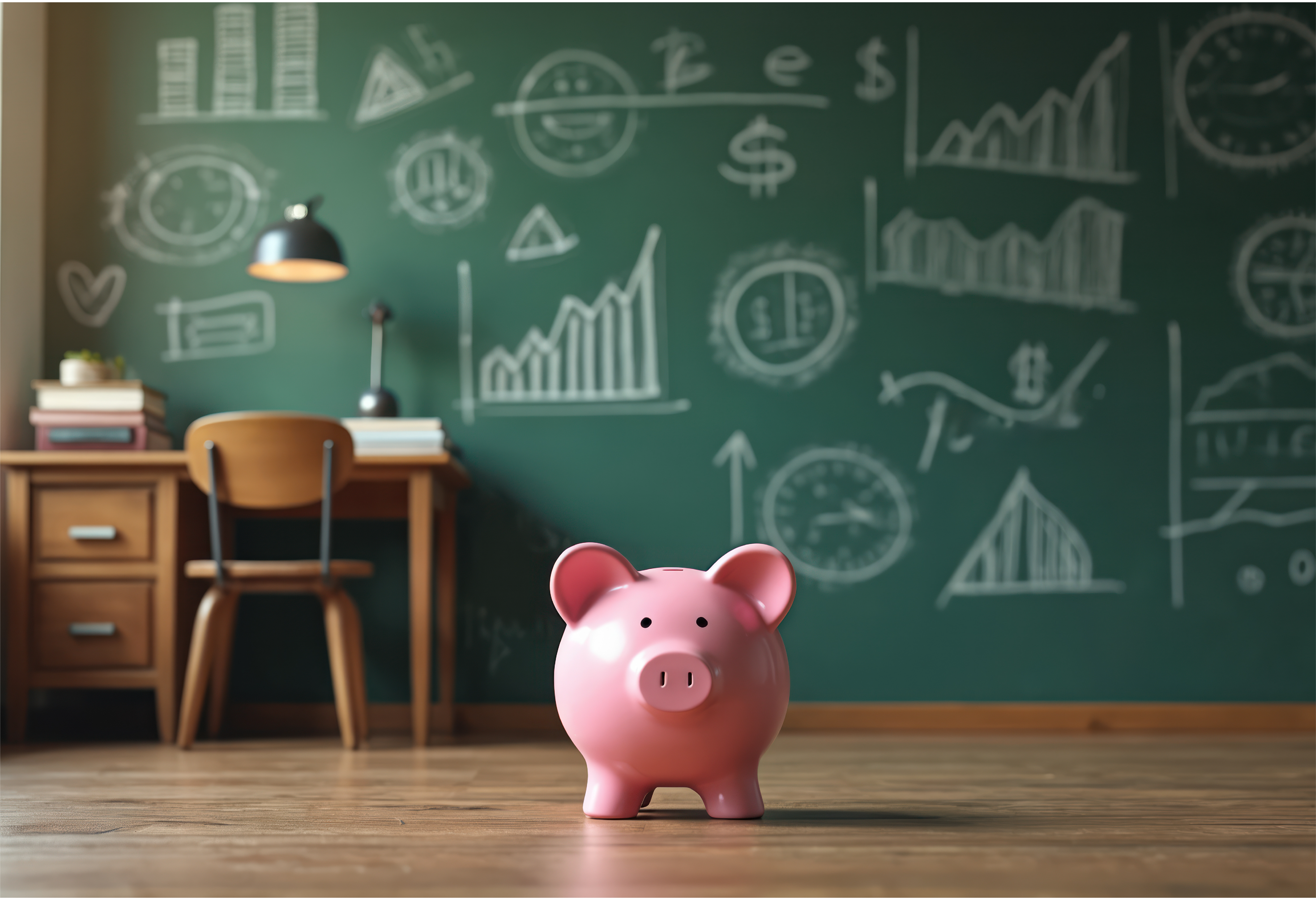 Classroom chalkboard with piggy bank