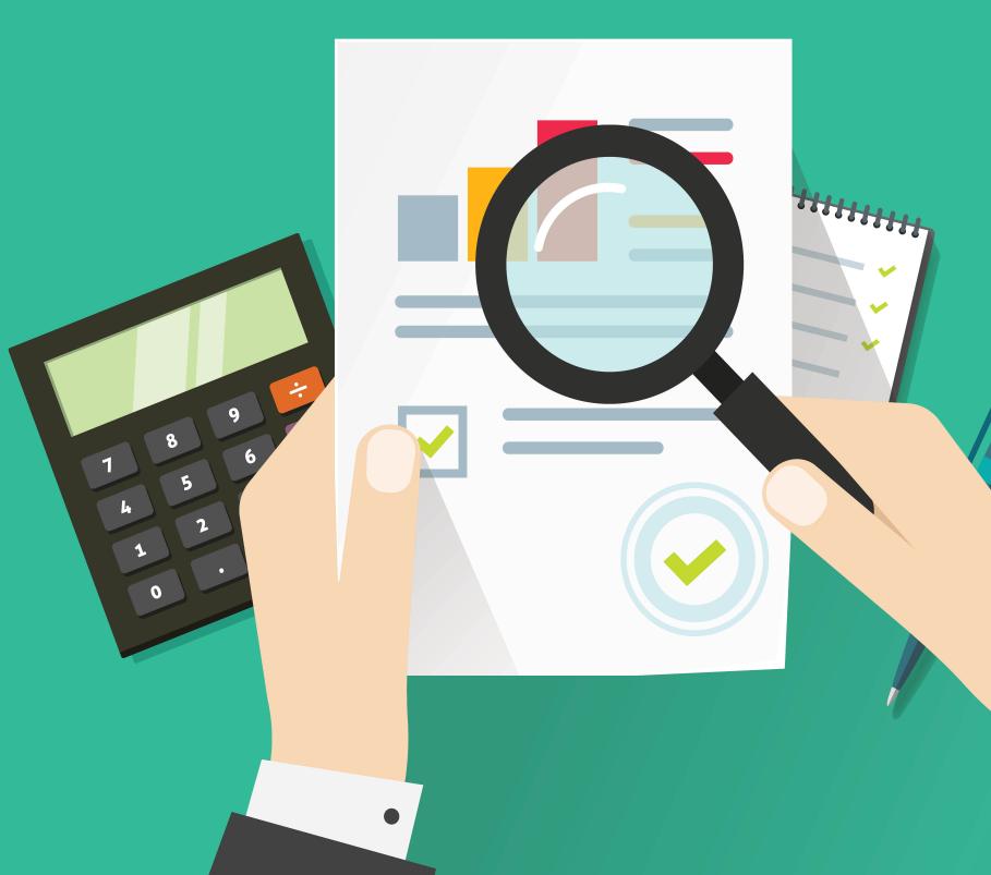 Calculator, data sheets, magnifying glass
