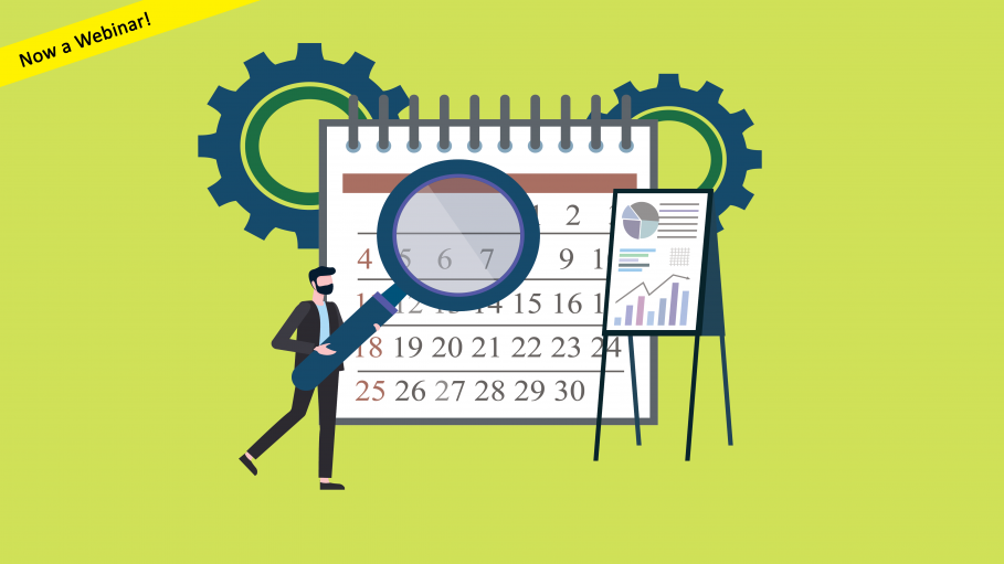 Gears and man with magnifying glass looking at large calendar