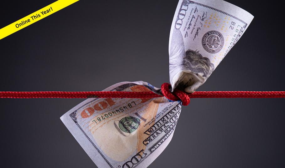 Hundred dollar bill being squeezed by red rope
