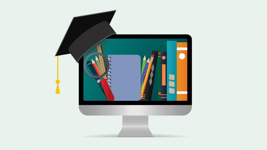 Computer screen with books and pens and graduation cap