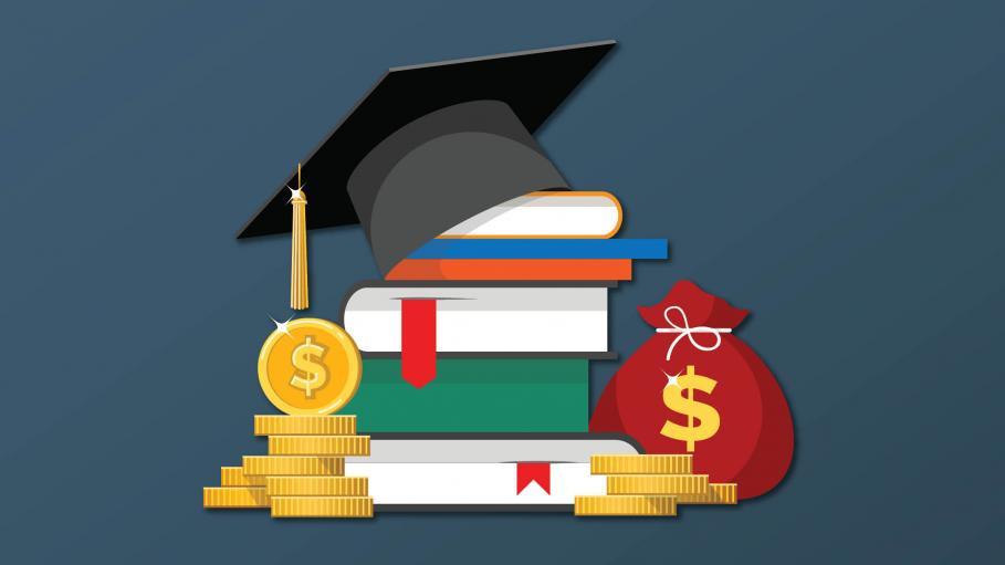 Stack of books with graduation cap and money bag and coins