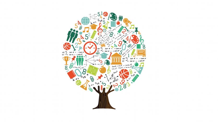 Tree with branches and leaves made up of school symbols/icons