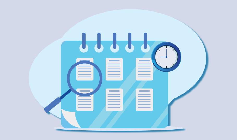 Calendar, magnifying glass, and clock