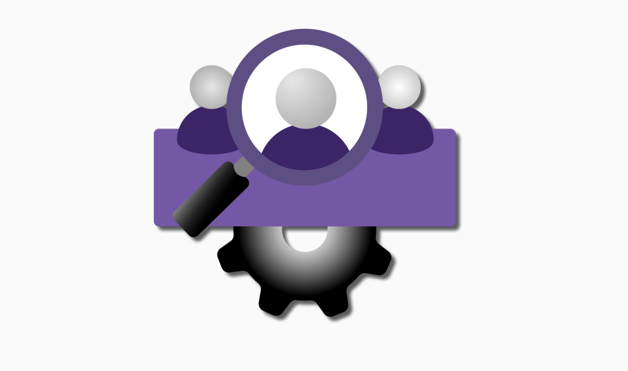 Three people with magnifying glass focused on the center person