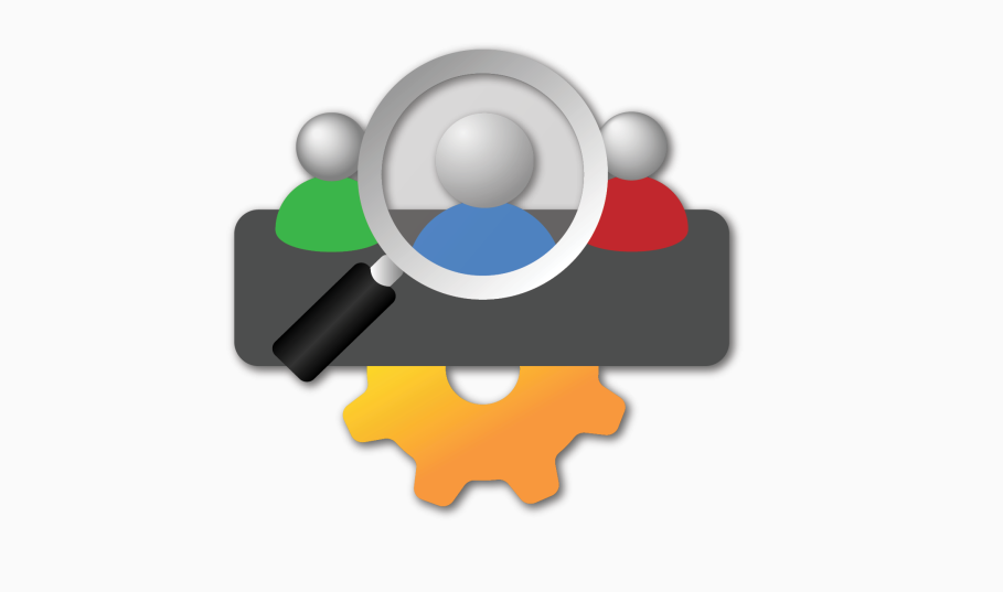 Three people with magnifying glass focused on the center person