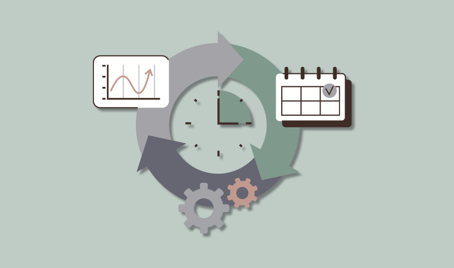 Circle made from arrows with calendar, gears, and chart