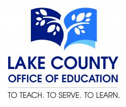 Logo that says Lake County Office of Education with blue book with white leaves