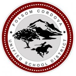 District logo red and black, showing mountain, tree, and horse